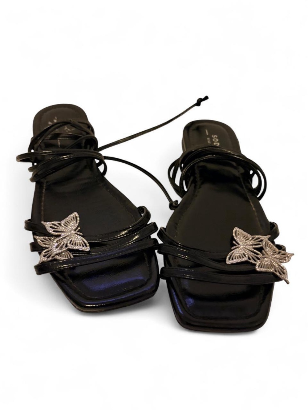 Soda Black Lace-Up Sandals with Silver Butterfly Accents